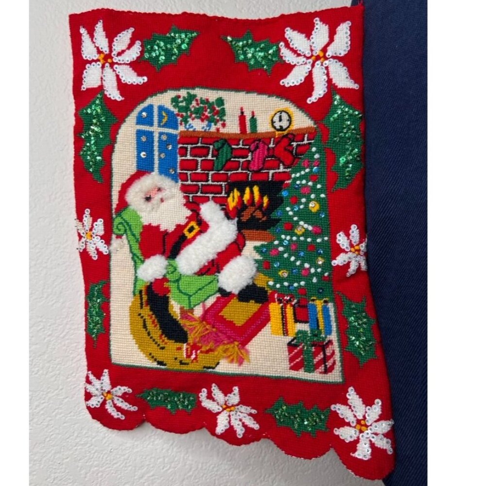 Vintage Santa Needlepoint Christmas Pillow Cover Sham Handmade READ